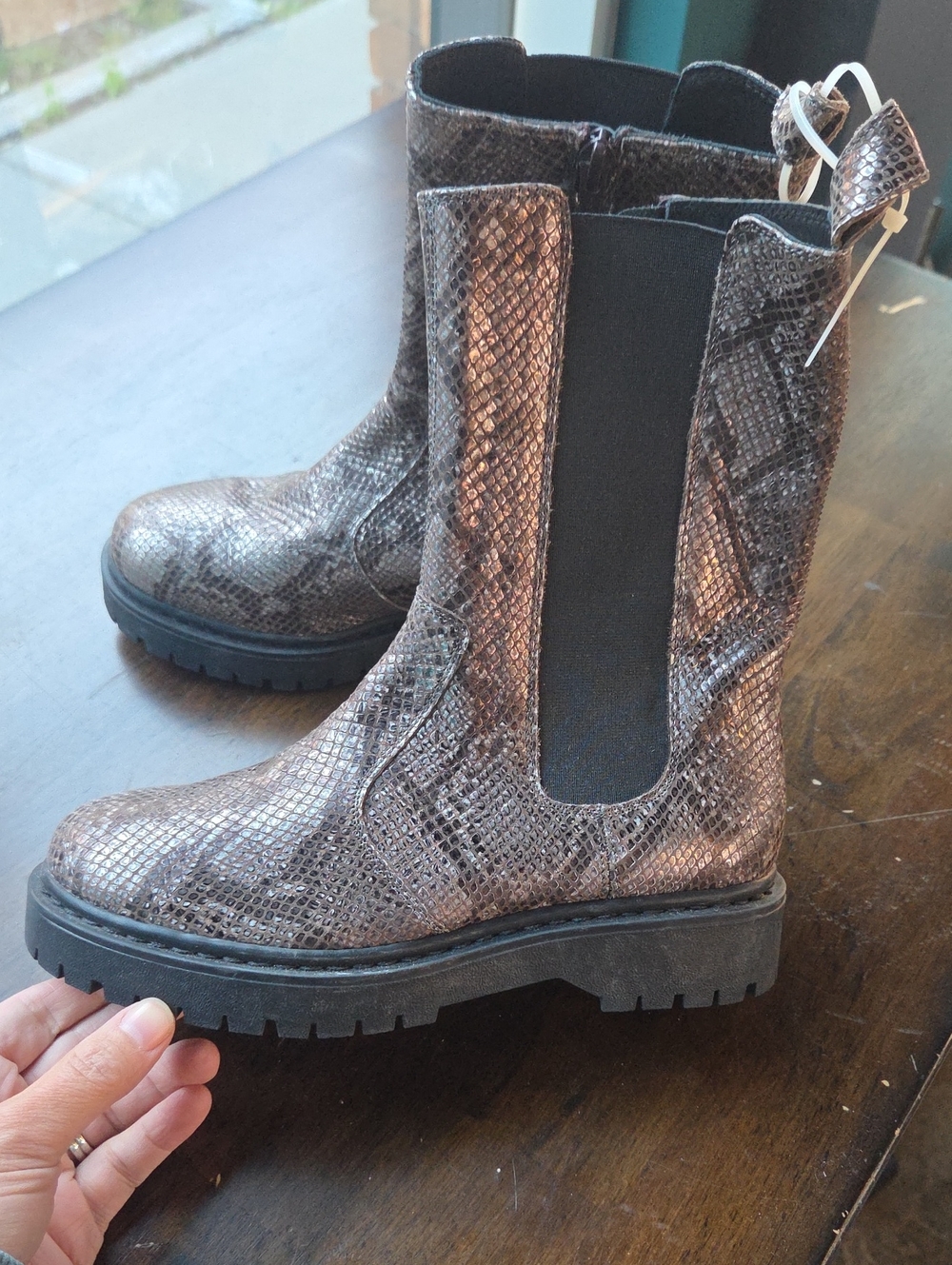 Geox Size 6 Women's Snake-Print Chelsea Leather Boots Black Silver Brown NEW